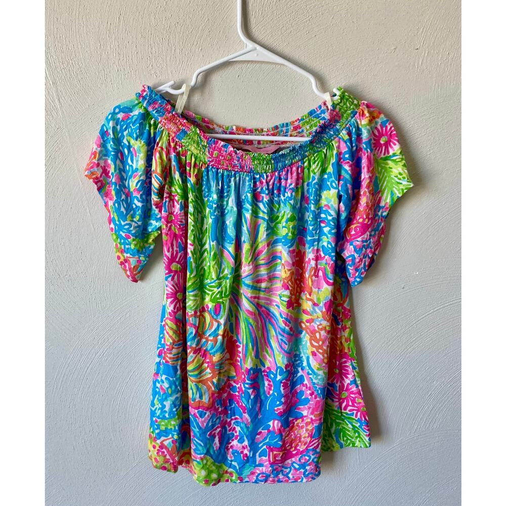 EUC Lilly Pulitzer Almeria Lovers Coral Stretch Off the Shoulder Top Bright XS